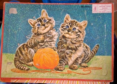 VINTAGE 1959 Milton Bradley GRAY KITTENS & YARN 28 Pieces Frame Tray Puzzle