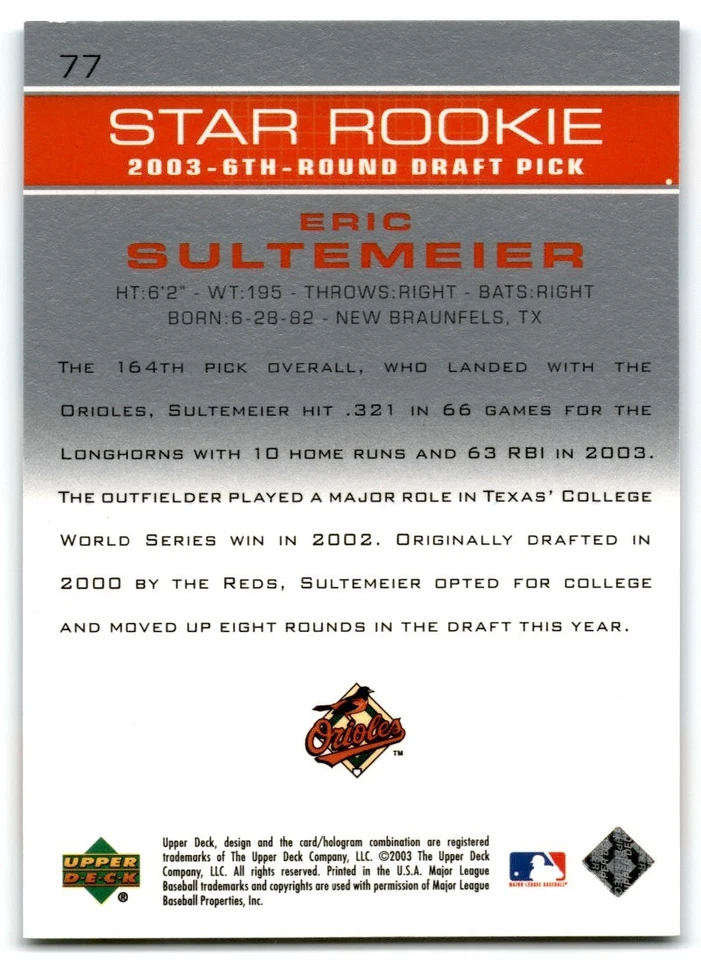 2003 Upper Deck Eric Sultemeier Baltimore Orioles #77 - Image 2 of 2