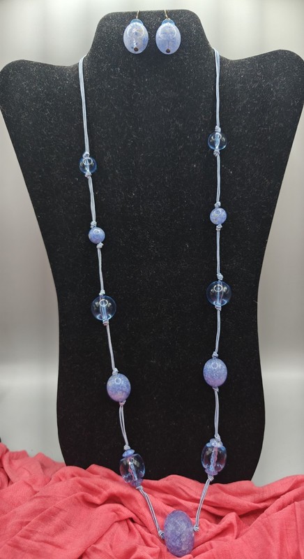 Light Lavender Pastel Purple String Large Bead Necklace Earring Set Jewelry