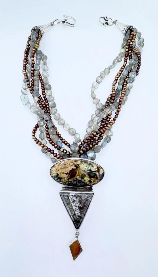 Precioso Collar Eco del Soñador Cuarzo Labradorita Jaspe Plata de Ley Foto 3 de 4