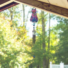 30" Long Purple Cat with Fish Bone Black Gem Wind Chime Unique Gift