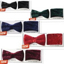 New VELVET Pattern Paisley Design Bow tie and Pocket Square Hankie Sets Wedding