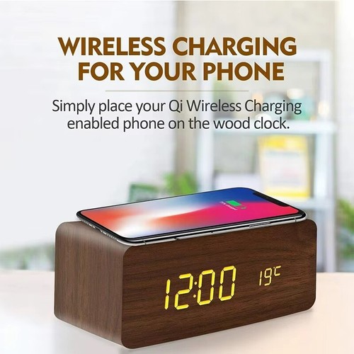 Sveglia da comodino digitale in legno LED Qi ricarica wireless batteria USB 3 sveglia - Foto 2 di 10