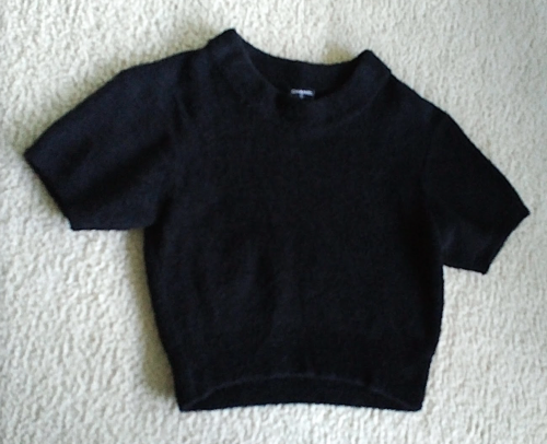 Chanel sweater black cropped soft teddy bear knit mock neck short sleeve CC S