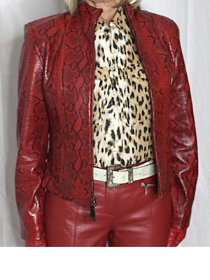 Womens Leather Jacket Red S Snakeskin Shiny Patent Lambskin