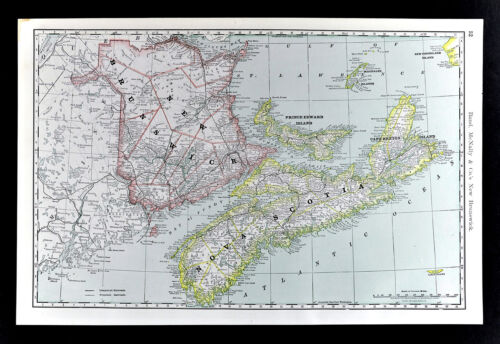1892 Rand McNally Mappa Nuova Scozia Nuovo Brunswick Halifax Capo Bretone Canada - Foto 1 di 5