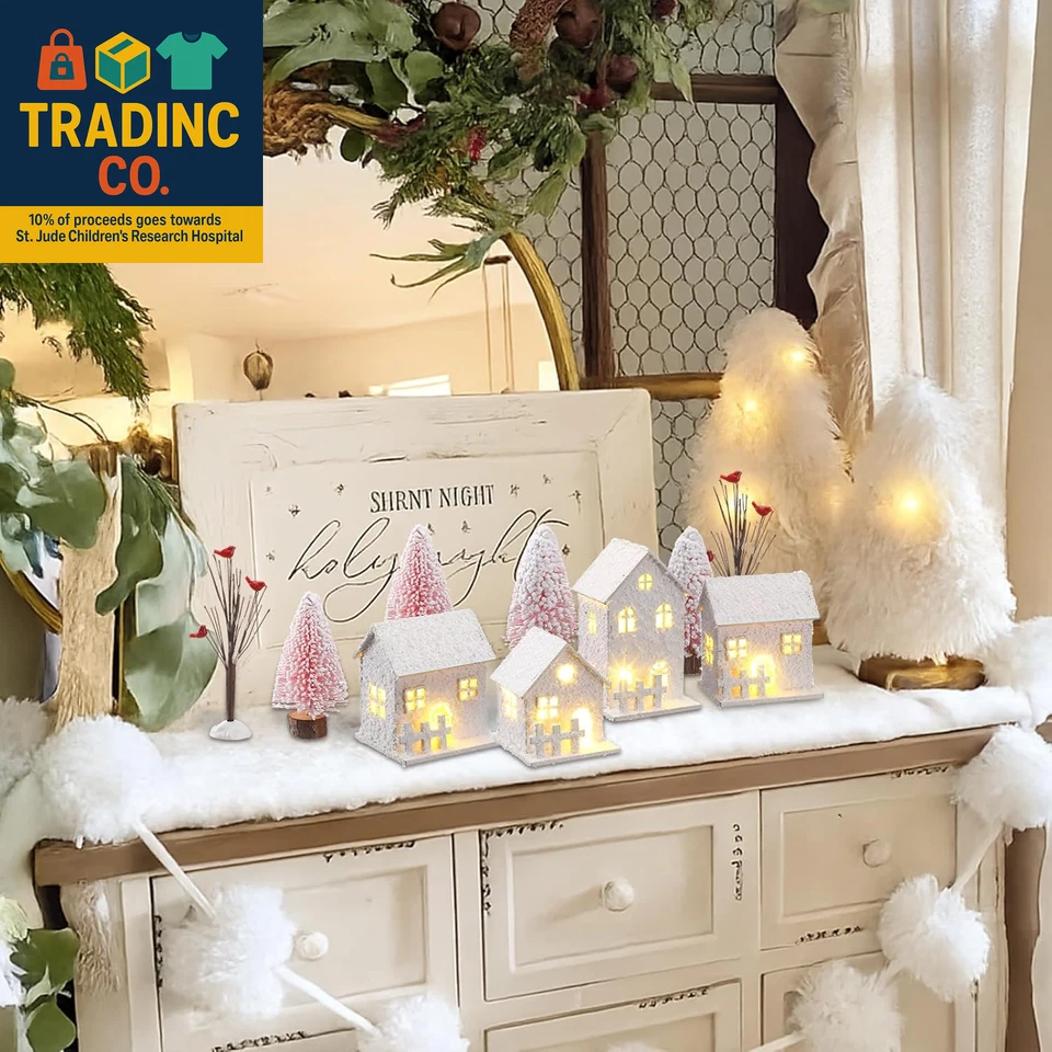 10 Piezas Juegos de Pueblo de Navidad Rosa con Luz de Té Decoraciones de Navidad 4 Pueblos Foto 4 de 4