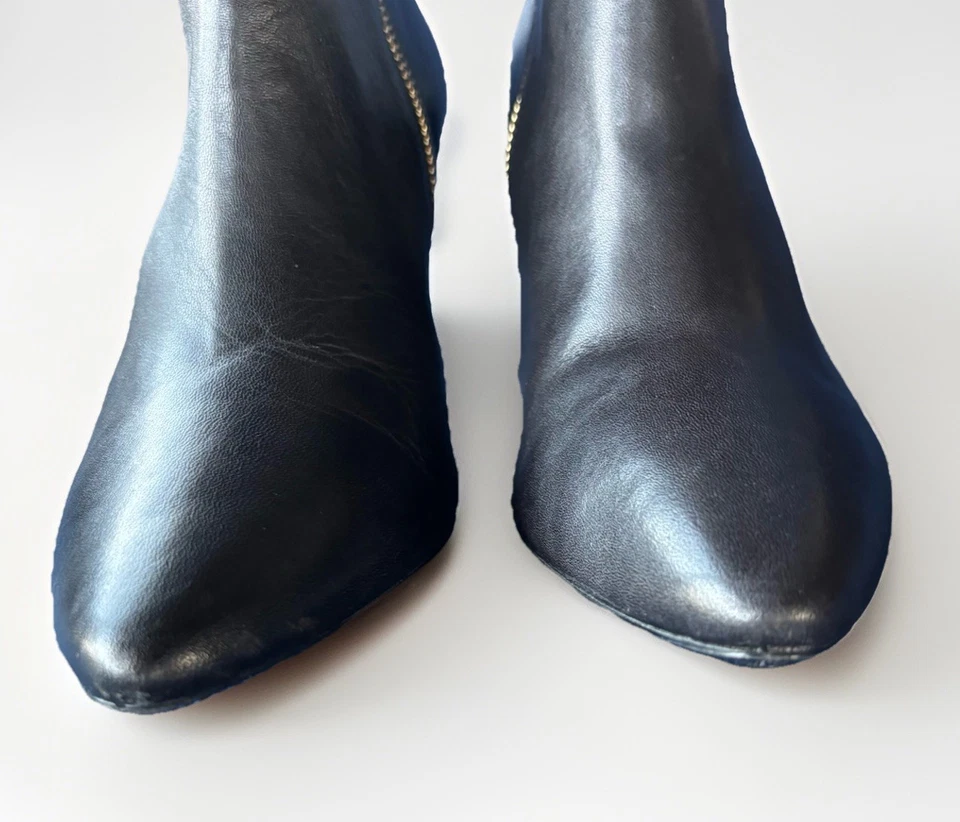 Calvin Klein Jailene Black Leather Ankle Boots Size 7.5 Gold Buckle Heels - Image 3 of 4