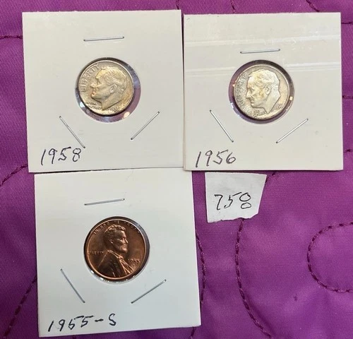 2  Circ.Roosevelt Dimes - 1958 /1956  90% Silver + CH. BU 1955-S Linc.01 #758