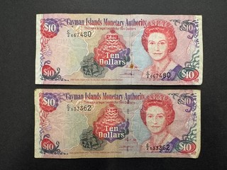 Cayman Islands $10 Dollars "Elizabeth II" Vintage Banknote Set (2) LOT: 2202 032