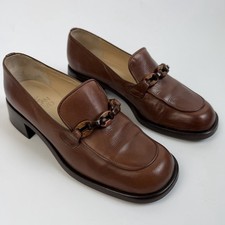 Vintage Joan David Brown Leather Loafers Tortoise Chain Detail 7M