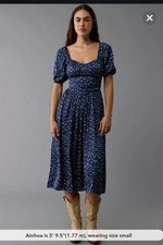 American Eagle Women’s Blue Floral Midi Dress With Puff Sleeves & Open Back NWT