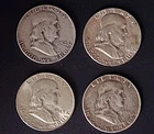 Lot of 4 Franklin Half Dollar Coins, 90% Silver - 1948, 1951, 1952-D, 1956