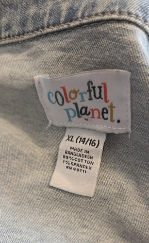 Girls Teens Colorful Planet Distressed Denim Jacket XL 14 16 - Picture 3 of 5