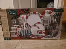 Gibson Poinsettia Christmas Holiday Dinnerware 88 Piece Set & 10 Piece Completer