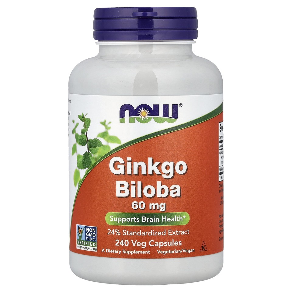 Now Foods Ginkgo Biloba 60 mg 240 Veg Capsules GMP Quality Assured, Kosher,
