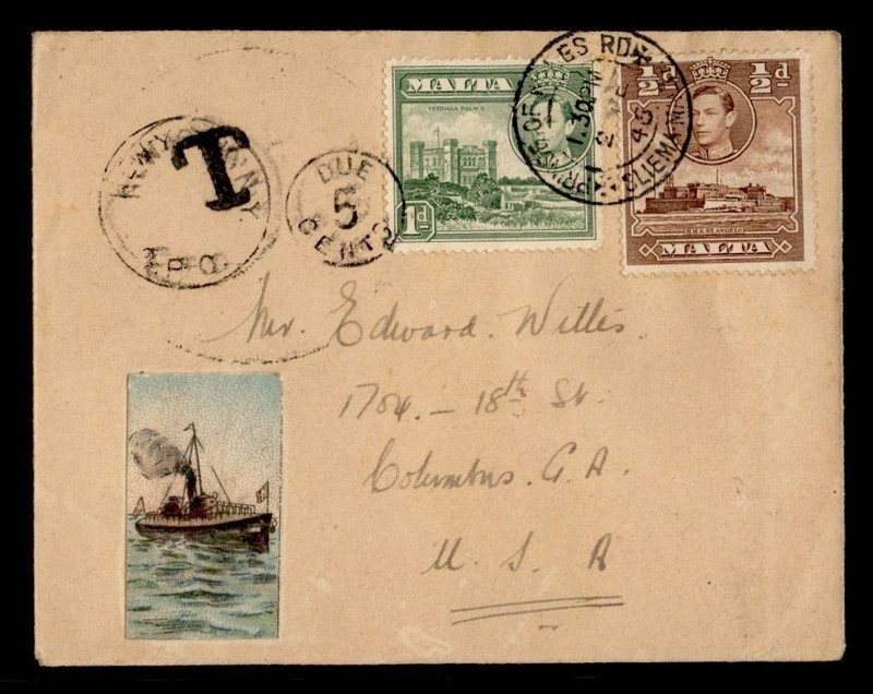 DR WHO 1946 MALTA SLIEMA SHIP LABEL TO USA POSTAGE DUE R77586