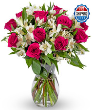 Benchmark Bouquets: Signature Roses & Alstroemeria w/ Glass Vase - Fresh