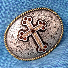 Western Cross Belt Buckle Cowboy Floral Scroll Rhinestones Vtg 80s Nocona.MMR498