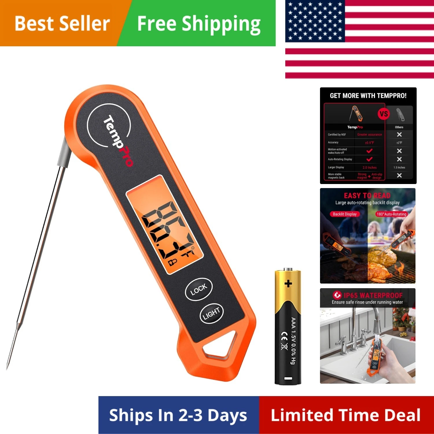 TP19H Digital Meat Thermometer for Cooking with Ambidextrous Backlit and Moti...