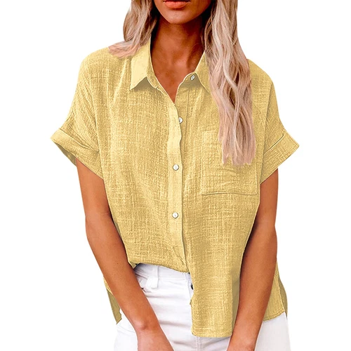 Womens Cotton Linen Casual Blouse Ladies Button T Shirt Short Sleeve Tops - Bild 35 von 72