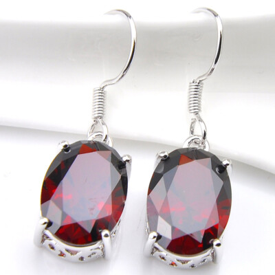 Rare Gift Round Natural Fire Red Garnet Gemstone Silver Dangle Hook Earrings