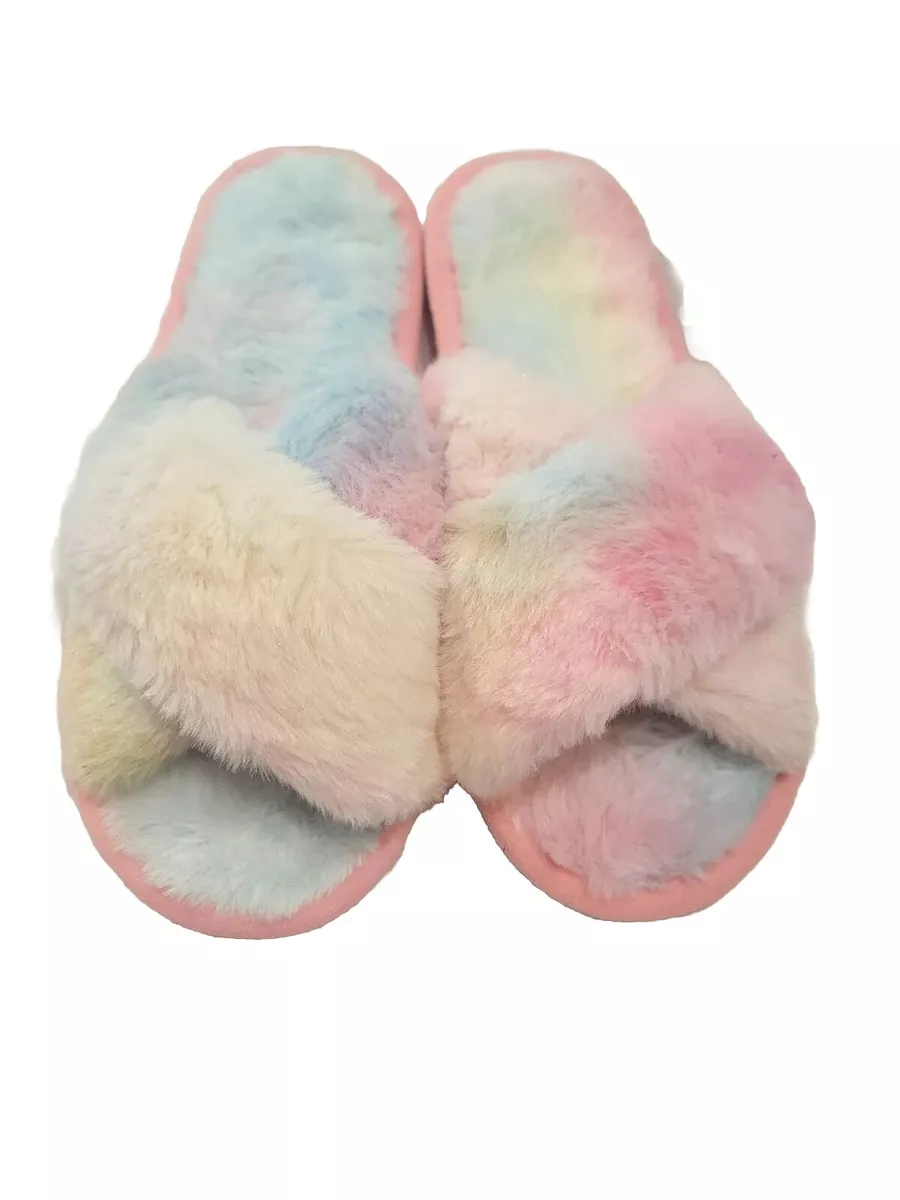 Womens Rainbow Fuzzy Slippers Sandals Faux Fur Crossband Cozy Size