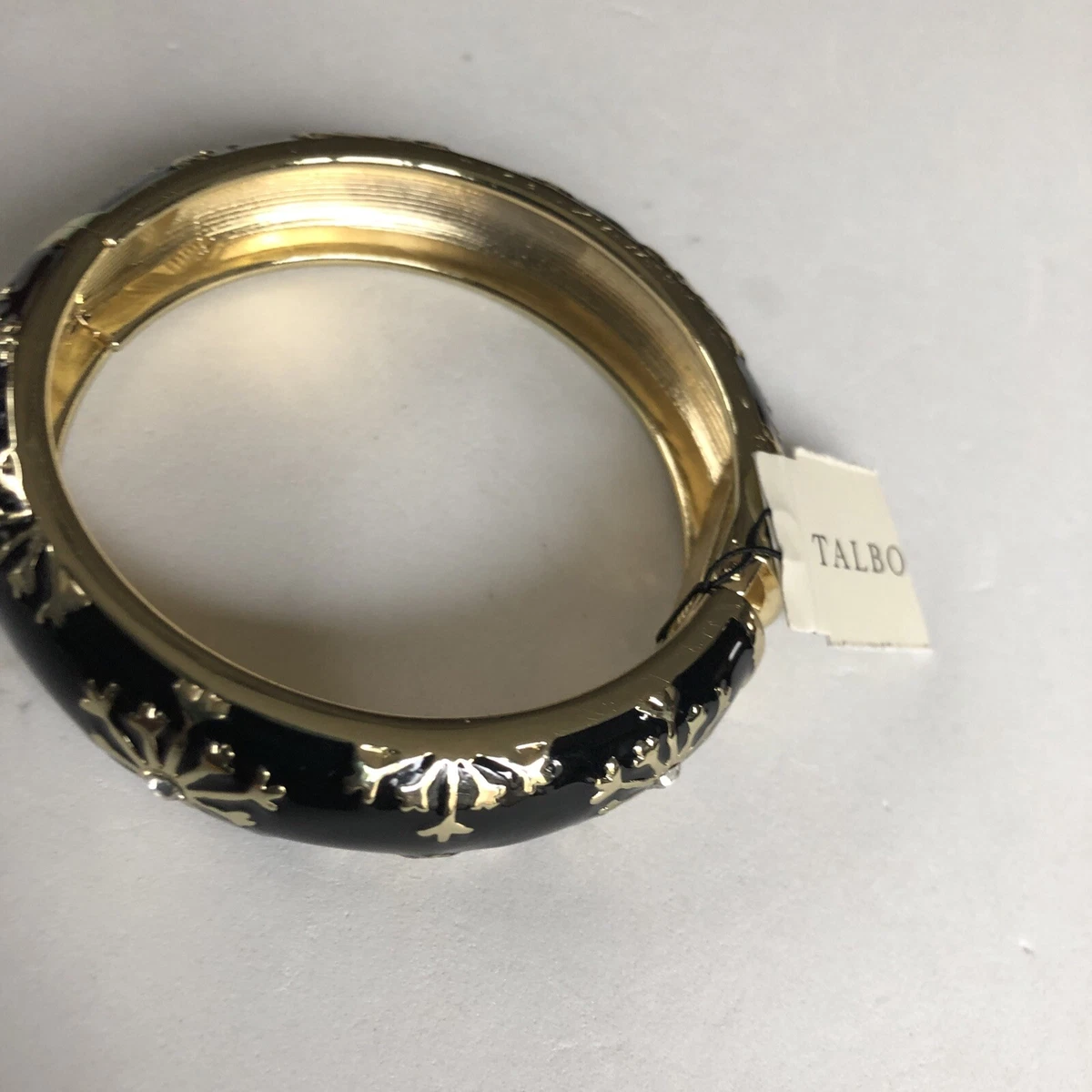 Talbots Bracelet Black Enamel Gold Tone Hinged Bangle Crystal Rhinestone s NWT