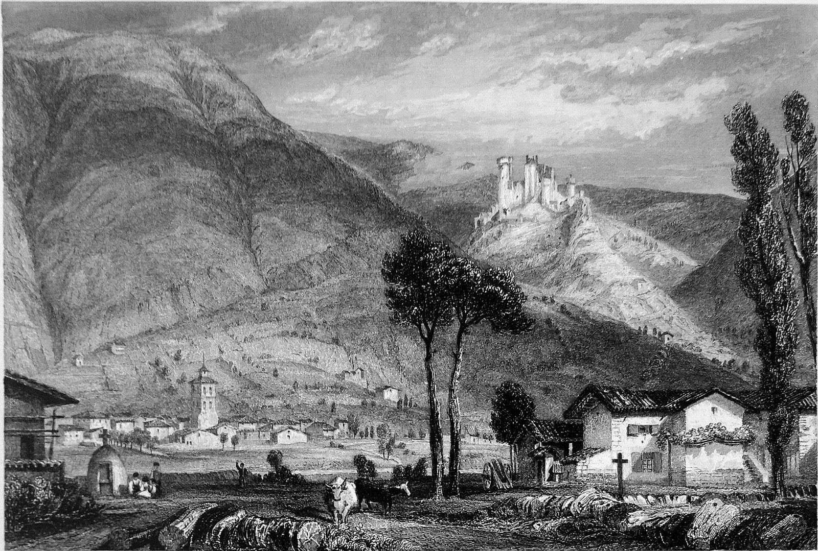 Le CHÂTEAU de la ROCHE BARON vue du Hameau des Sales au 19e - Gravure 19e siècle