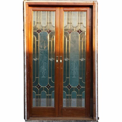 Vintage French Stained, Beveled Etched Glass Sliding ...