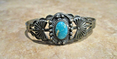 EXCELLENT Old Fred Harvey Era Navajo Sterling Silver Turquoise Design Bracelet