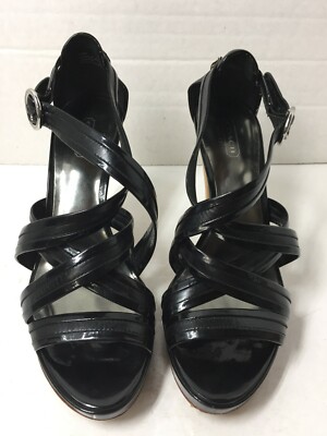 Coach Women's sz 8 B Heels Auriella Patent Black Wood Cone Heel Strappy Sandal