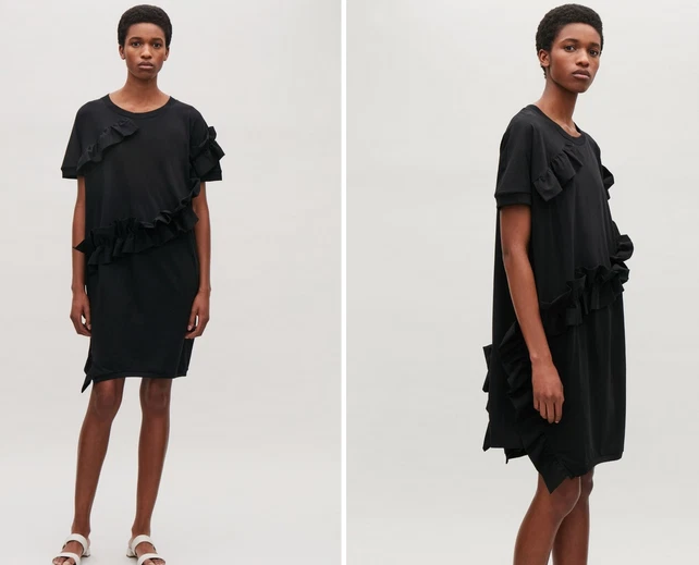 COS frilled cocoon cotton jersey dress, black, M, OVERSIZED