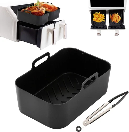 2 x REUSABLE SILICONE AIR FRYER LINER TRAYS & BONUS TONGS FITS 8L 9L 10L NINJA
