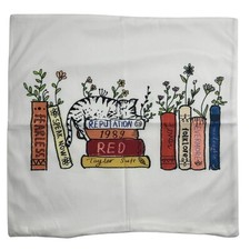 Cat Napping On Books - Throw Pillow Cover 18"x18" White w/ Floral Design