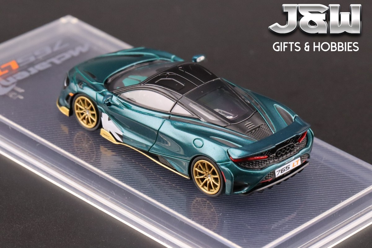 Modelo de coche CM compatible con McLaren 765LT verde con parte superior negra y ruedas extra 1/64 modelo fundido a presión CM64-765LT-10