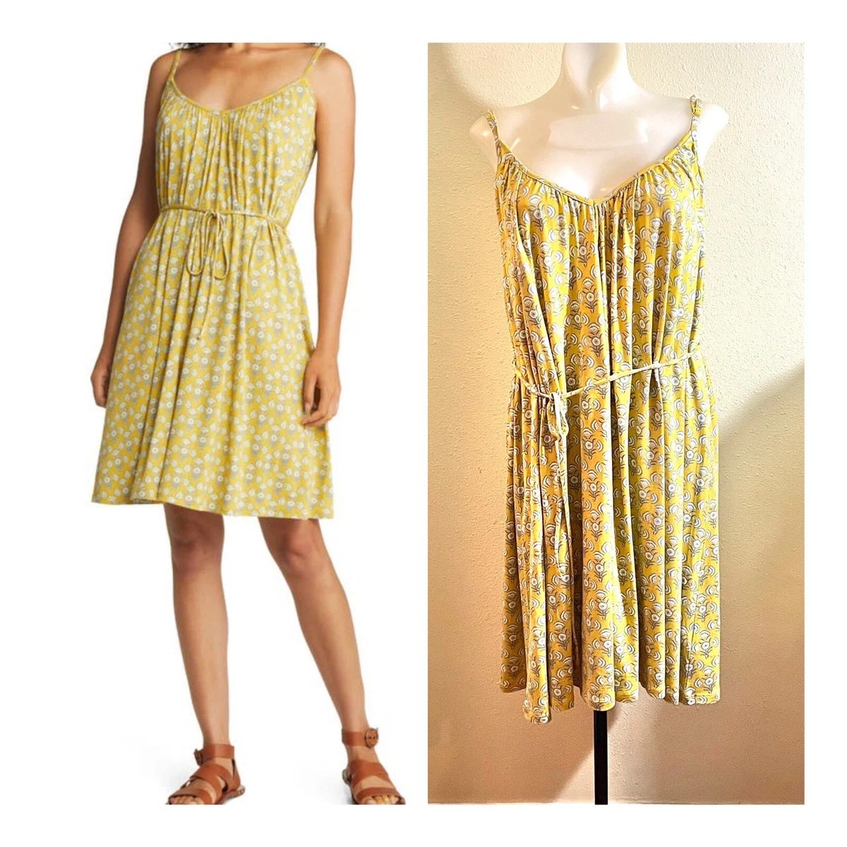 BODEN Size 10 Strappy Jersey Dress Yellow Olive Poppy Geo Print Floral Tie NEW