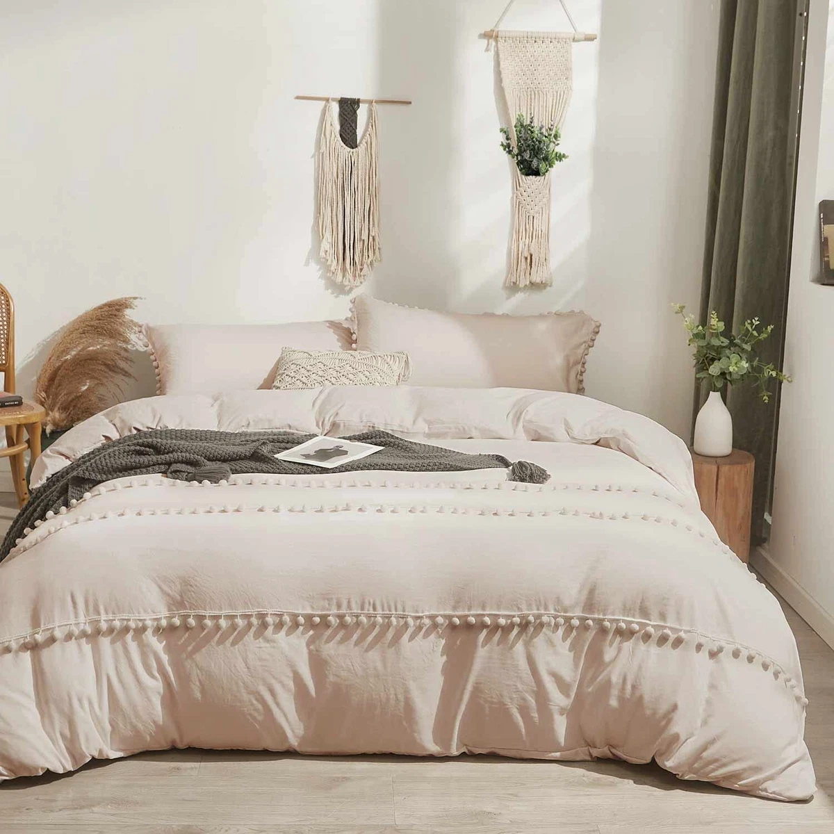ETDIFFE Beige Pom Duvet Cover Queen Size 3 Piece Boho Bohemian