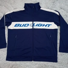 Bud Light Sweatshirt Mens L Blue Logo Spellout Athletic Zip Up Pockets Casual