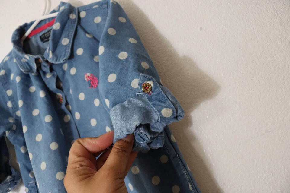 Vestido polo azul con lunares talla 6x manga enrollable abotonada EE. UU. (81) Foto 4 de 4