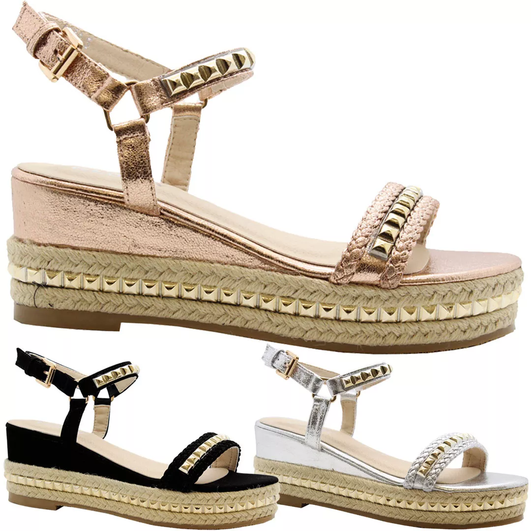 Ladies Womens Mid Wedge Studded Espadrilles Platform Flatform Sandals Shoes Size