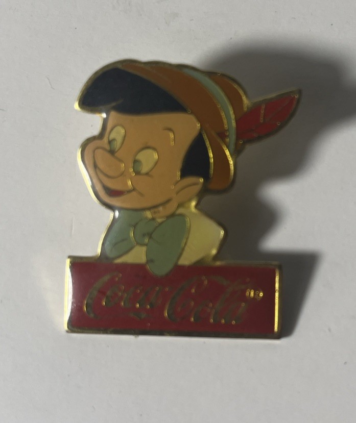 Vintage Gold Tone Metal Enamel Disney Pinocchio Coca-Cola Pin 1980s