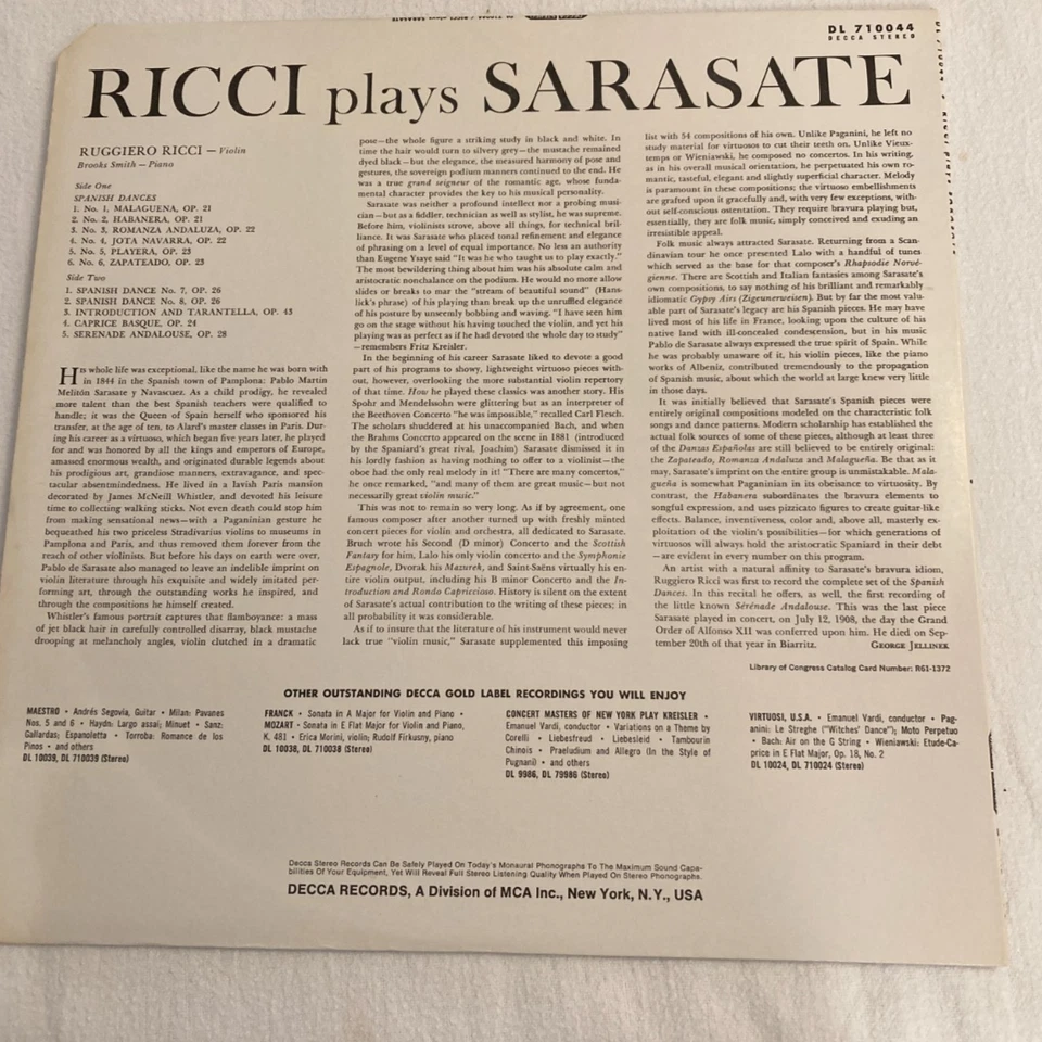 RICCI Plays SARASATE Violin DECCA Gold Label Vinyl Stereo LP DL710044 FREE SHIP - Image 4 of 4