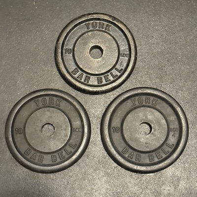 #ad #ad 3 Vintage YORK BARBELL 10 lb Bodybuilding Standard 1” Weight Plates GYM $60.00
