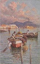 Postcard - c1910 - Naples ITALY - Vesuvius & Boats - G Carelli