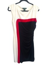 LAUREN by Ralph Lauren Colorblock Sheath Lined Dress Ruched Black Red Cream Sz 6