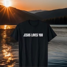 Mens Large Jesus Loves You T-shirt Christian Faith Cotton Black
