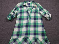 American Eagle Outfitters Shirt Dress Womens 14 Green Blue Plaid Roll Tab Tunic