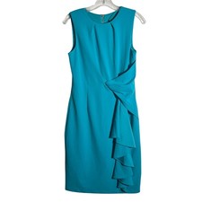 Tahari ASL Turquoise Blue Ruffle Side Sheath Dress Sleeveless Size 4 40in Long
