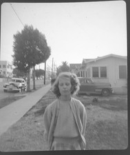 1950s Eyes Closed Girl Sweater Street Vintage Cars 4x5 Negative